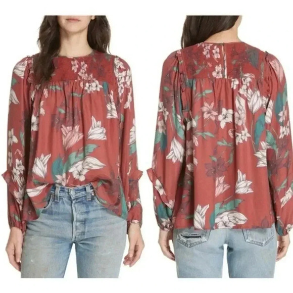 Anthropologie Dolan Left Coast Peaches Smocked Silk Blouse XXS - Picture 2 of 5